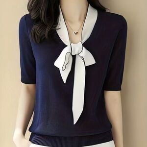 Navy Blue Short Sleeve Sweater with White Scarf Accent